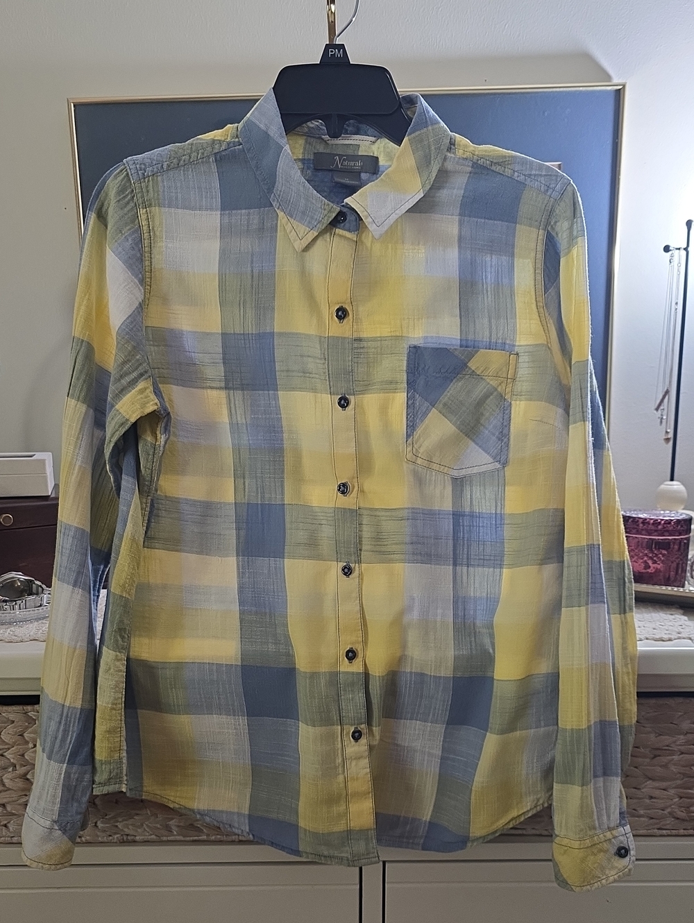 Natural Reflections Womens Yellow Blue Plaid Button-Up Shirt Medium Cotton Soft